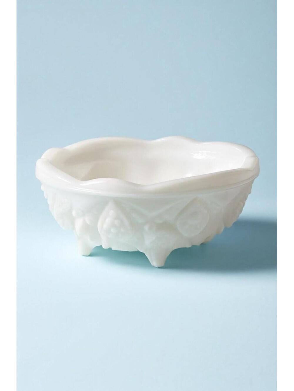 Vintage White Milk Glass Decorative Bowl with Intricate Raised Pattern